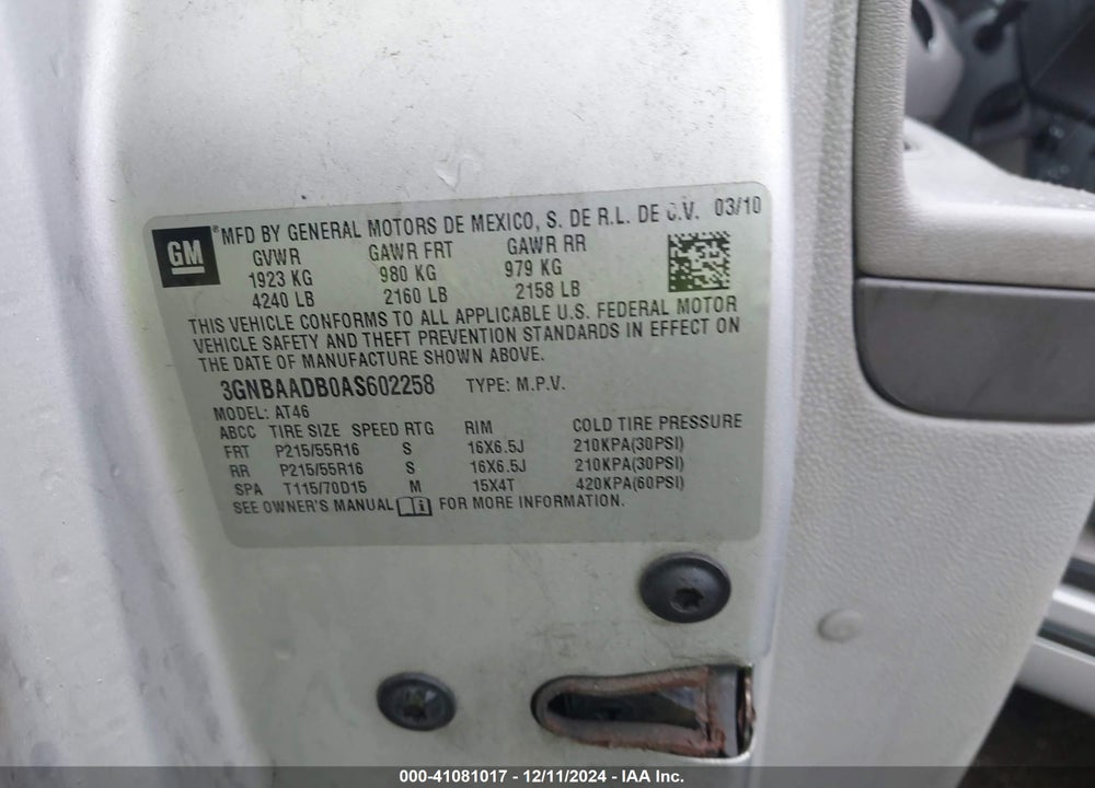 2010 CHEVROLET HHR LS VIN: 3GNBAADB0AS602258