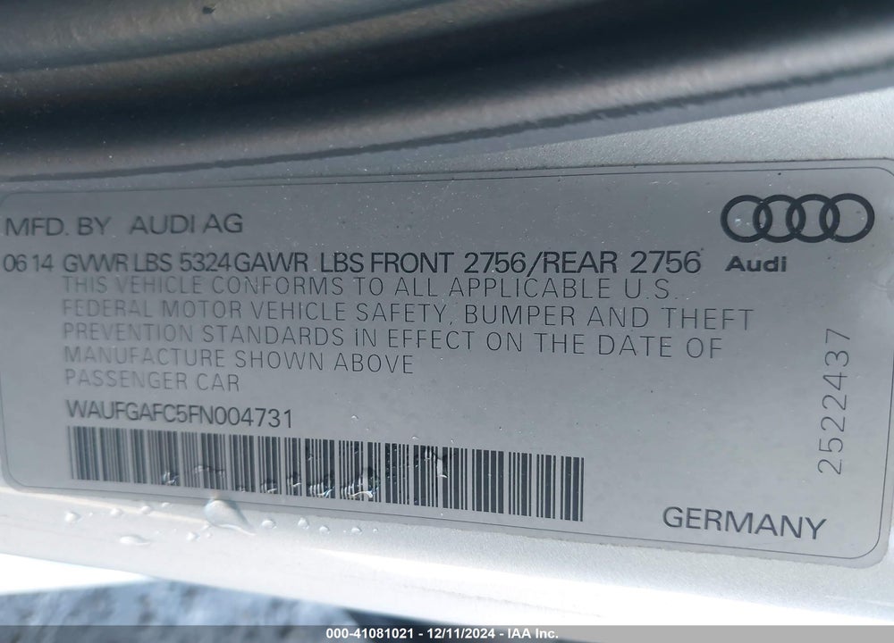 2015 AUDI A6 3.0T PREMIUM PLUS VIN: WAUFGAFC5FN004731