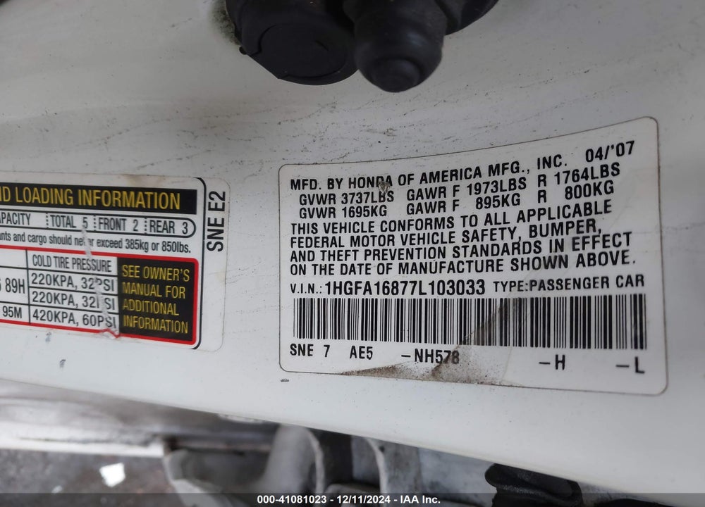 2007 HONDA CIVIC EX VIN: 1HGFA16877L103033