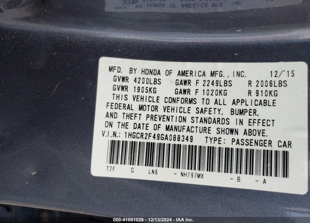 2016 HONDA ACCORD LX VIN: 1HGCR2F49GA088349