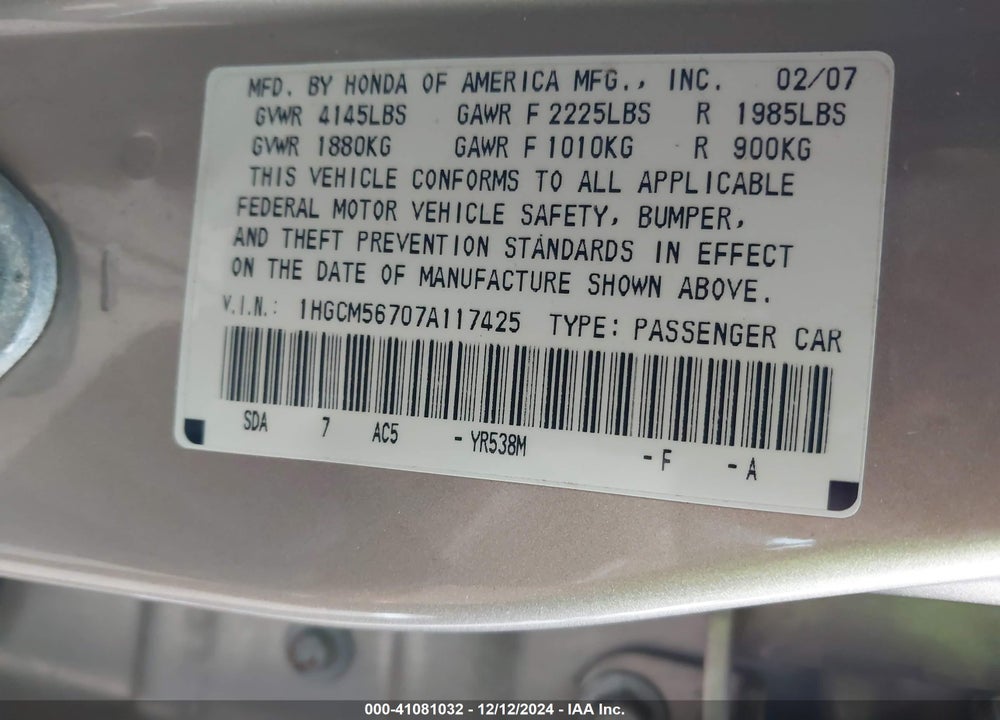 2007 HONDA ACCORD VIN: 1HGCM56707A117425