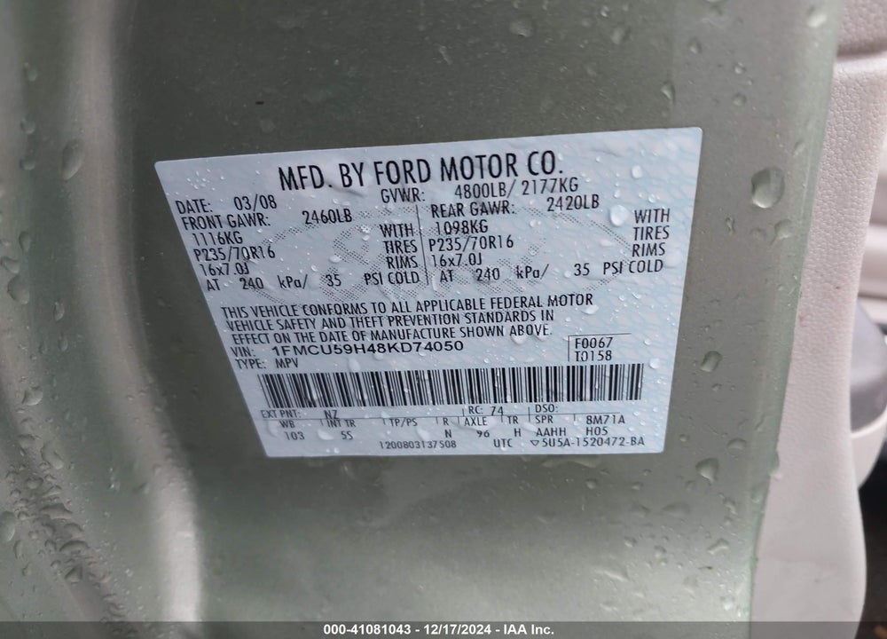 2008 FORD ESCAPE HYBRID VIN: 1FMCU59H48KD74050