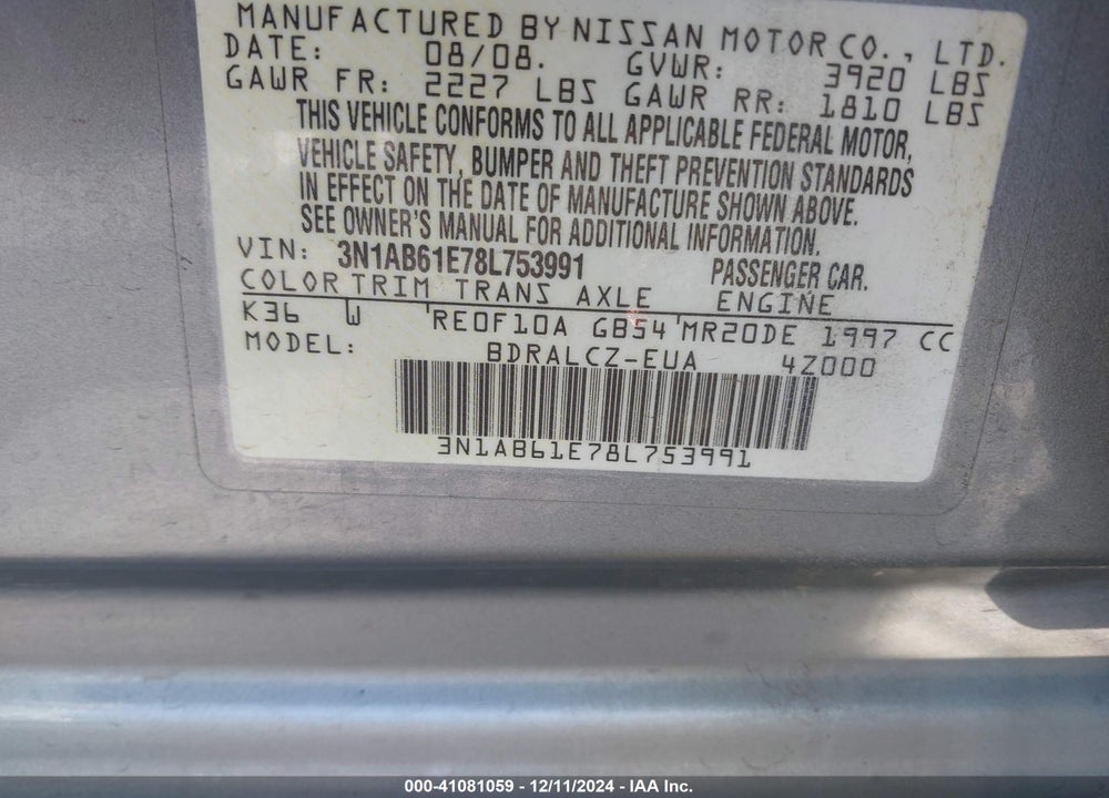 2008 NISSAN SENTRA 2.0 VIN: 3N1AB61E78L753991