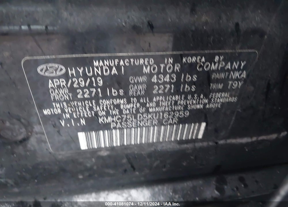 2019 HYUNDAI IONIQ VIN: KMHC75LD5KU162959
