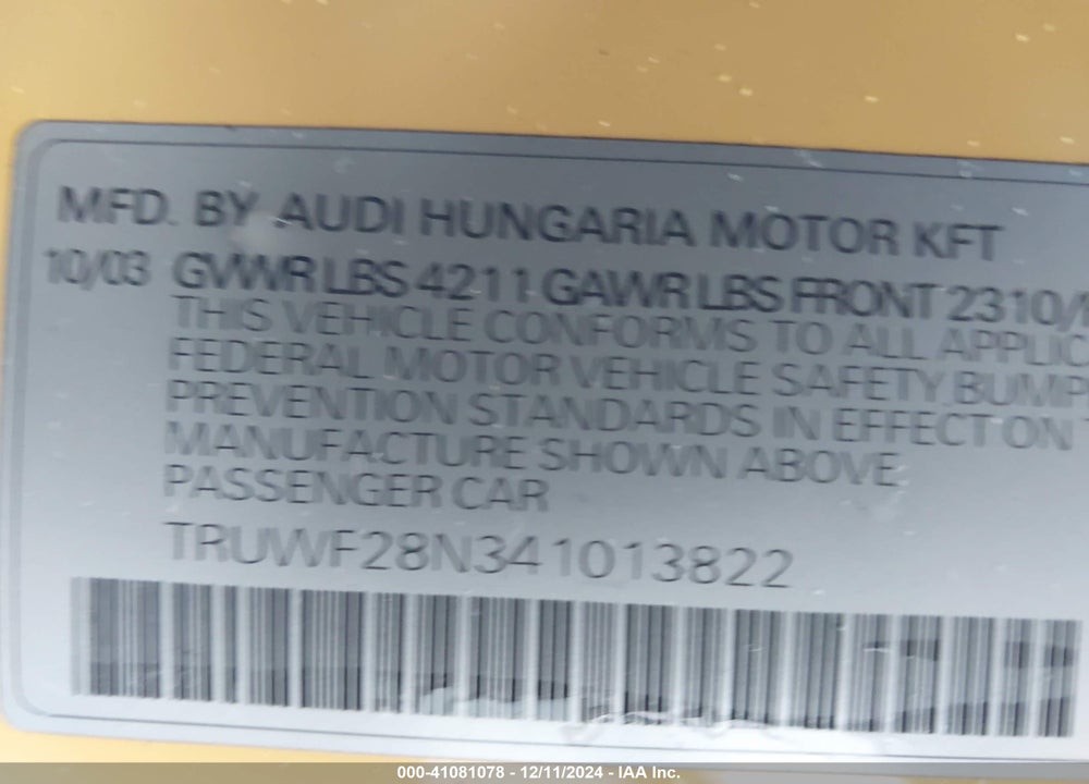 2004 AUDI TT 3.2L VIN: TRUWF28N341013822
