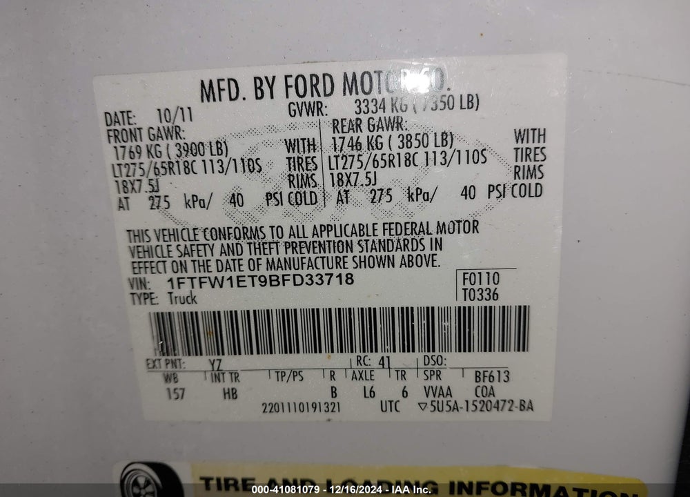 2011 FORD F-150 VIN: 1FTFW1ET9BFD33718