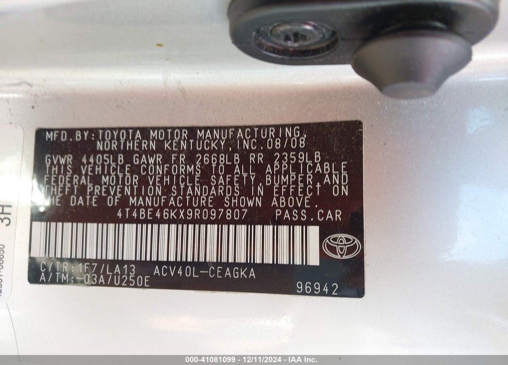 2009 TOYOTA CAMRY XLE VIN: 4T4BE46KX9R097807