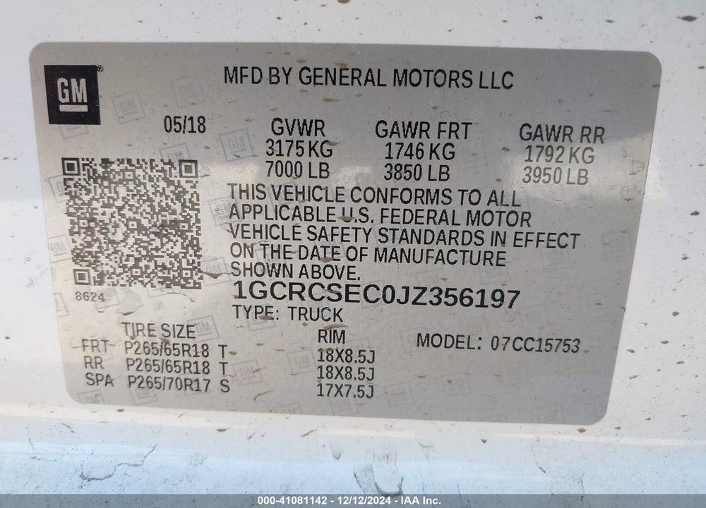 2018 CHEVROLET SILVERADO 1500 VIN: 1GCRCSEC0JZ356197