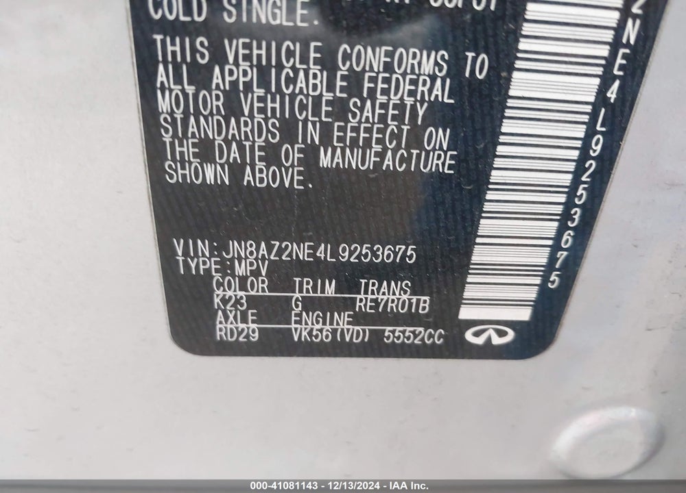 2020 INFINITI QX80 LUXE AWD VIN: JN8AZ2NE4L9253675