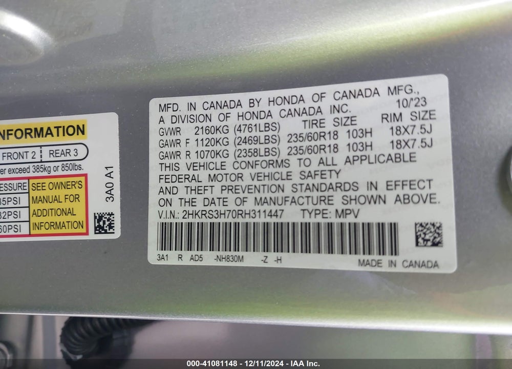 2024 HONDA CR-V EX-L 2WD VIN: 2HKRS3H70RH311447