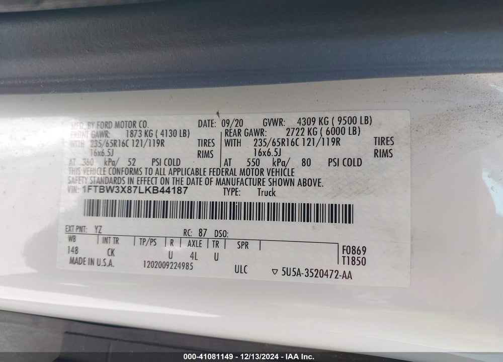 2020 FORD TRANSIT-350 CARGO VAN VIN: 1FTBW3X87LKB44187