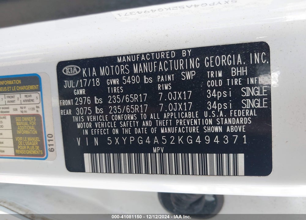 2019 KIA SORENTO 3.3L LX VIN: 5XYPG4A52KG494371