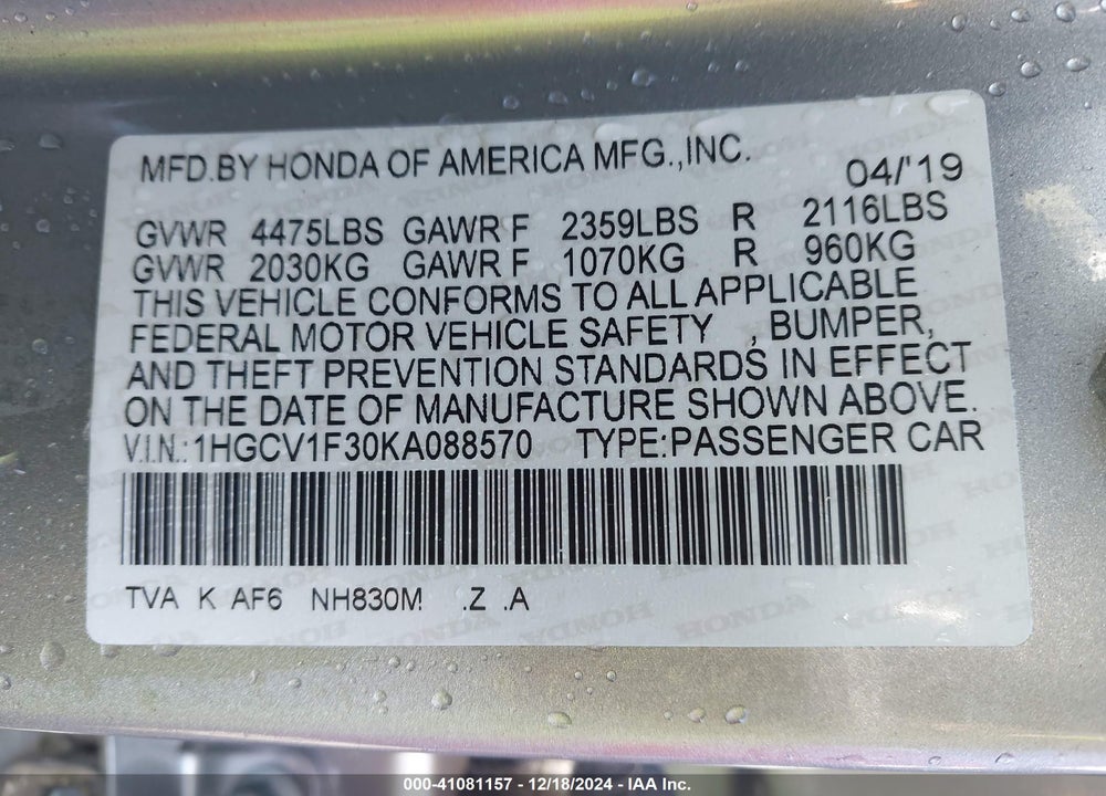 2019 HONDA ACCORD SPORT VIN: 1HGCV1F30KA088570