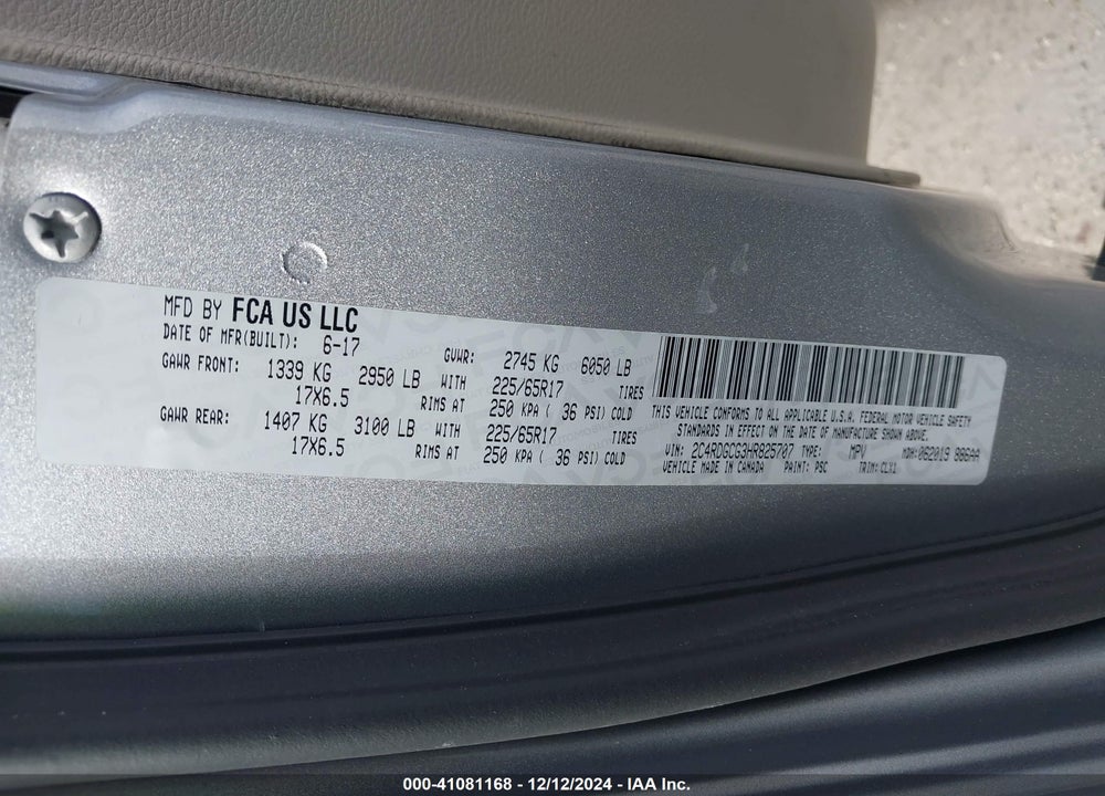 2017 DODGE GRAND CARAVAN SXT VIN: 2C4RDGCG3HR825707