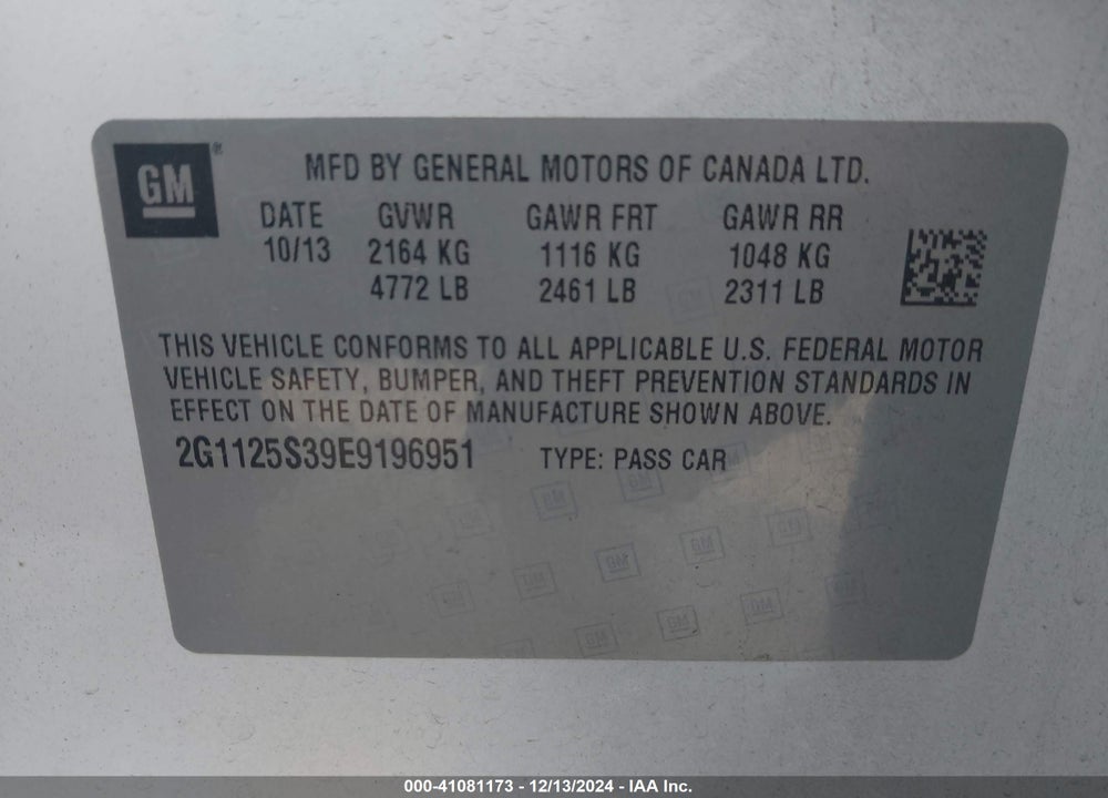2014 CHEVROLET IMPALA VIN: 2G1125S39E9196951