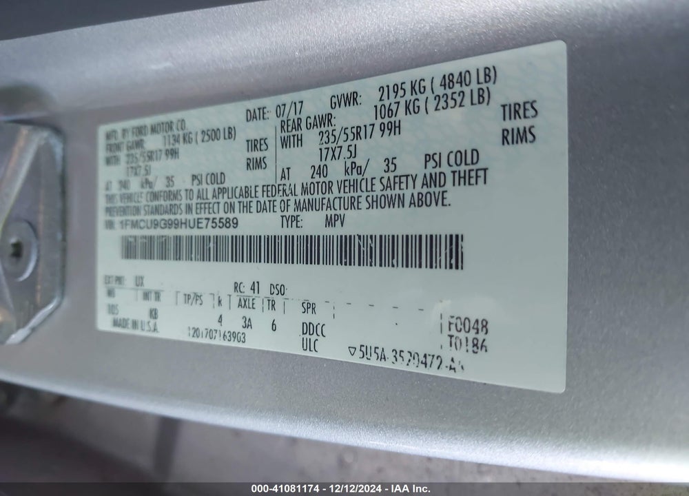 2017 FORD ESCAPE SE VIN: 1FMCU9G99HUE75589