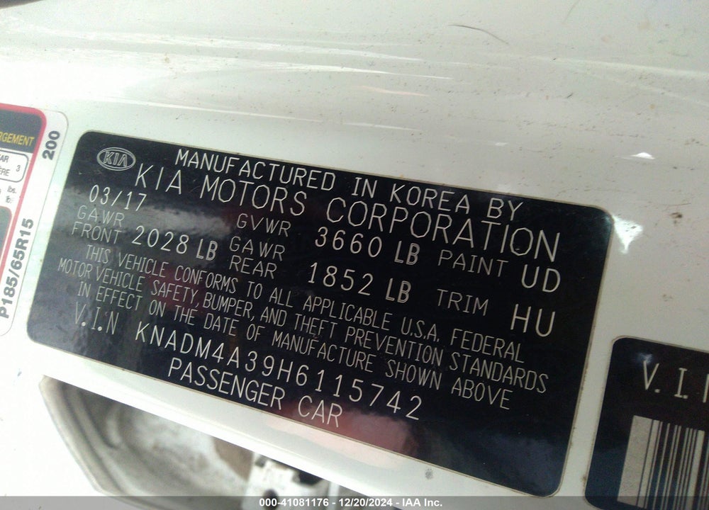 2017 KIA RIO LX VIN: KNADM4A39H6115742