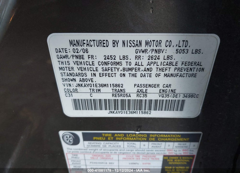 2006 INFINITI M35 VIN: JNKAY01E36M115862