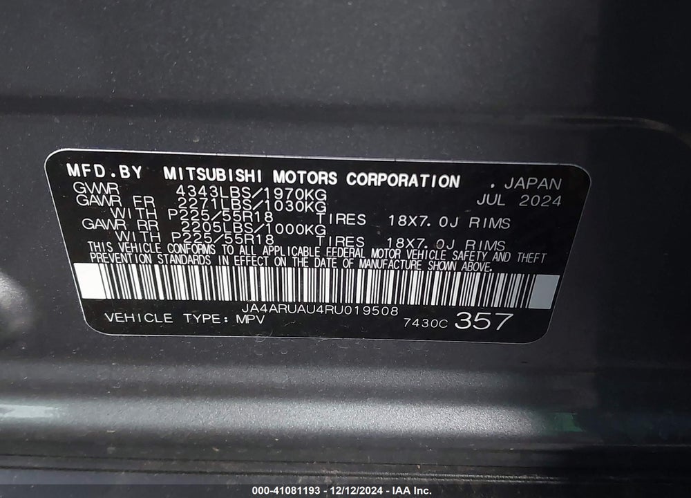 2024 MITSUBISHI OUTLANDER SPORT VIN: JA4ARUAU4RU019508
