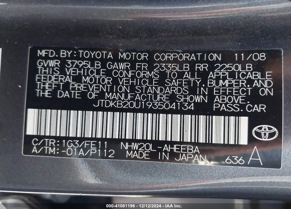 2009 TOYOTA PRIUS VIN: JTDKB20U193504134