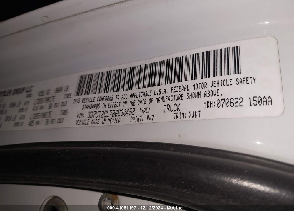 2011 DODGE RAM 2500 VIN: 3D7UT2CL7BG630452