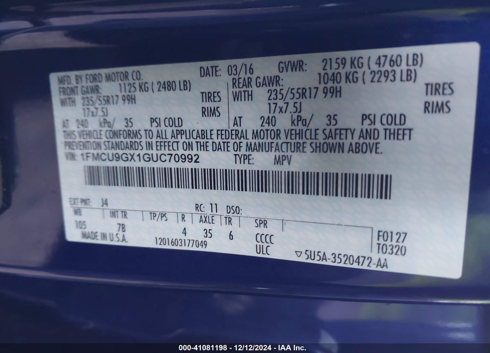 2016 FORD ESCAPE VIN: 1FMCU9GX1GUC70992