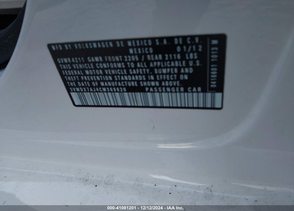 2012 VOLKSWAGEN JETTA VIN: 3VWDX7AJ4CM369620