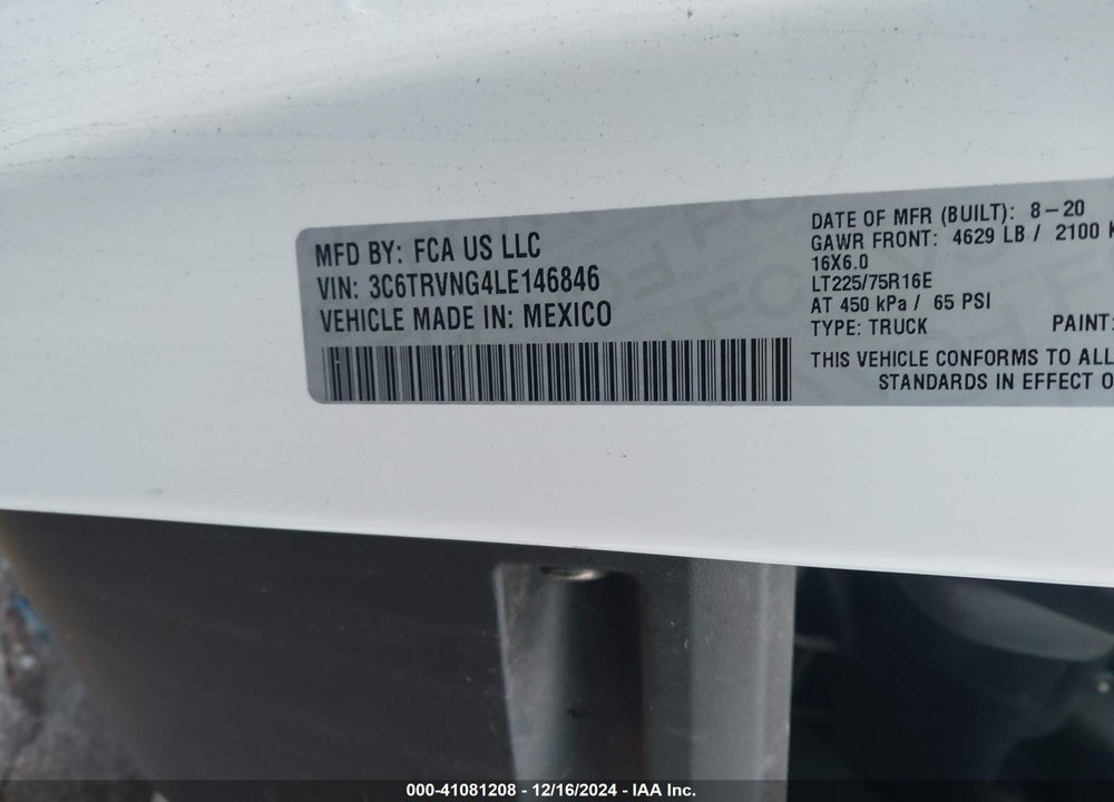 2020 RAM PROMASTER 1500 LOW ROOF 118 WB VIN: 3C6TRVNG4LE146846