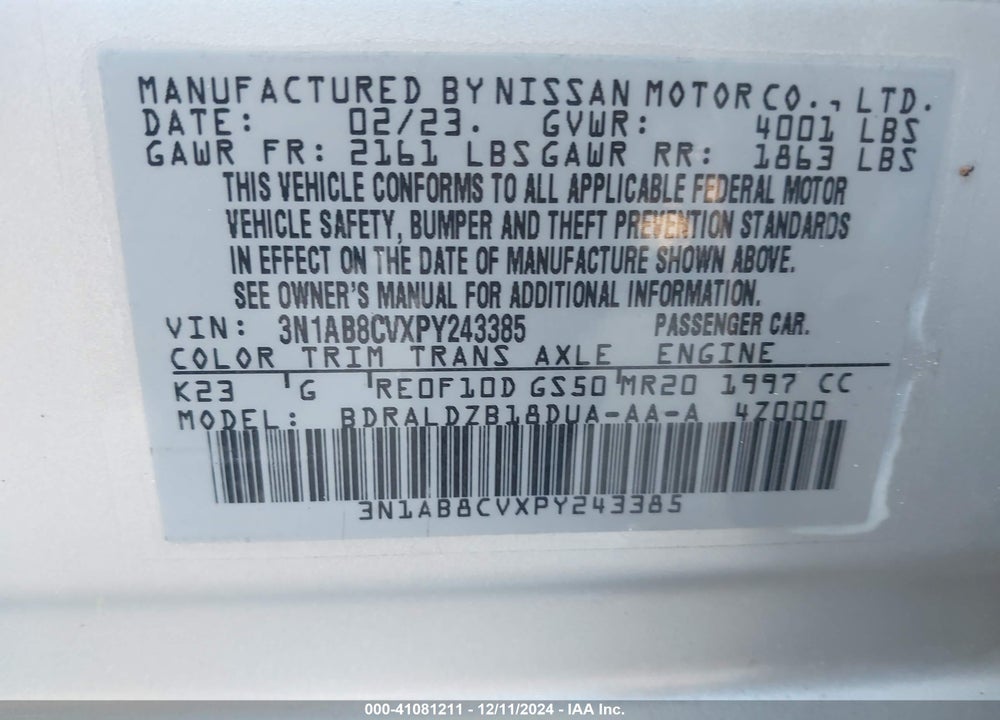 2023 NISSAN SENTRA SV XTRONIC CVT VIN: 3N1AB8CVXPY243385