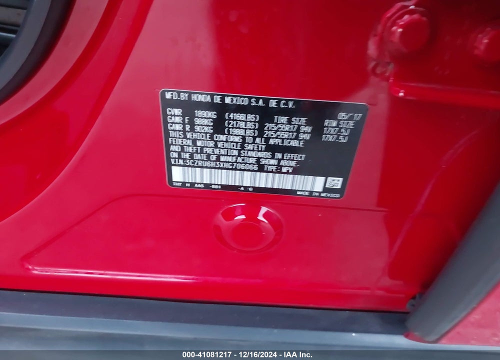 2017 HONDA HR-V LX VIN: 3CZRU6H3XHG706066