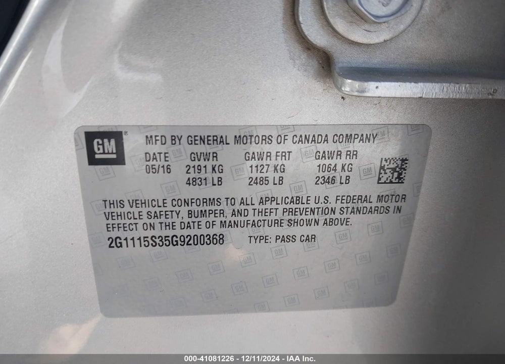 2016 CHEVROLET IMPALA VIN: 2G1115S35G9200368