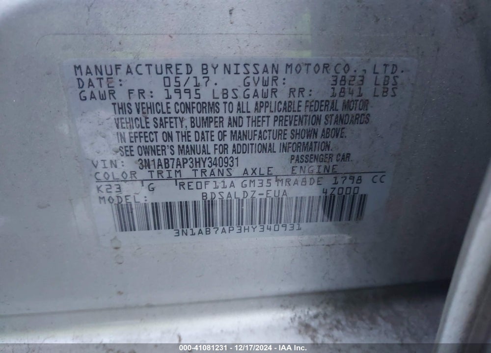 2017 NISSAN SENTRA SV VIN: 3N1AB7AP3HY340931