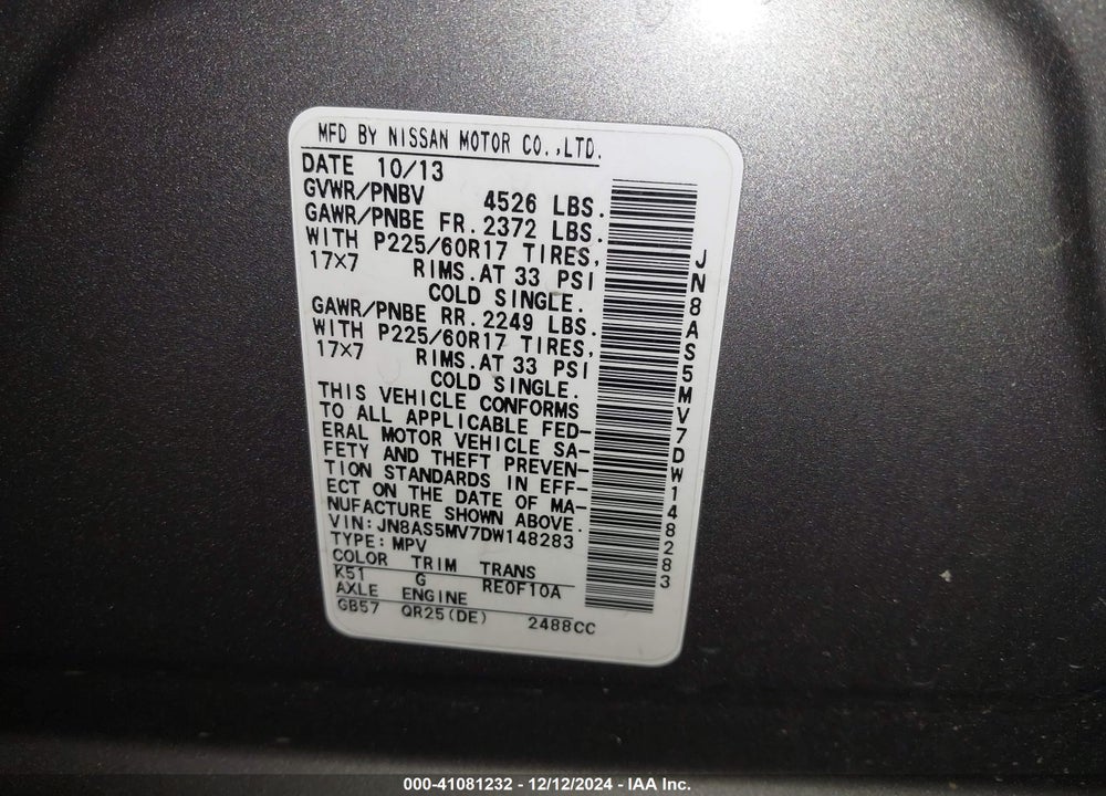 2013 NISSAN ROGUE SV VIN: JN8AS5MV7DW148283