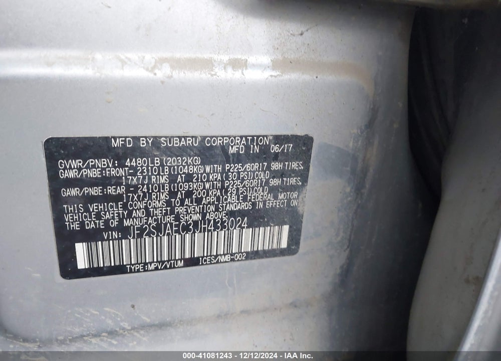 2018 SUBARU FORESTER 2.5I PREMIUM VIN: JF2SJAEC3JH433024