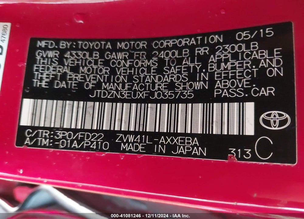 2015 TOYOTA PRIUS V TWO VIN: JTDZN3EUXFJ035735