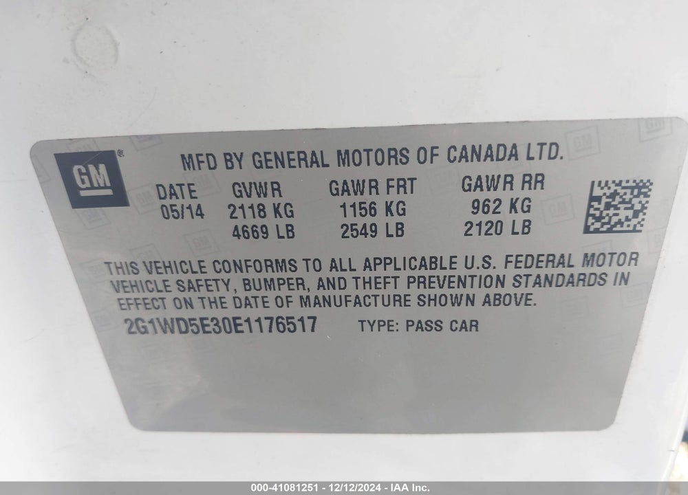 2014 CHEVROLET IMPALA LIMITED POLICE VIN: 2G1WD5E30E1176517