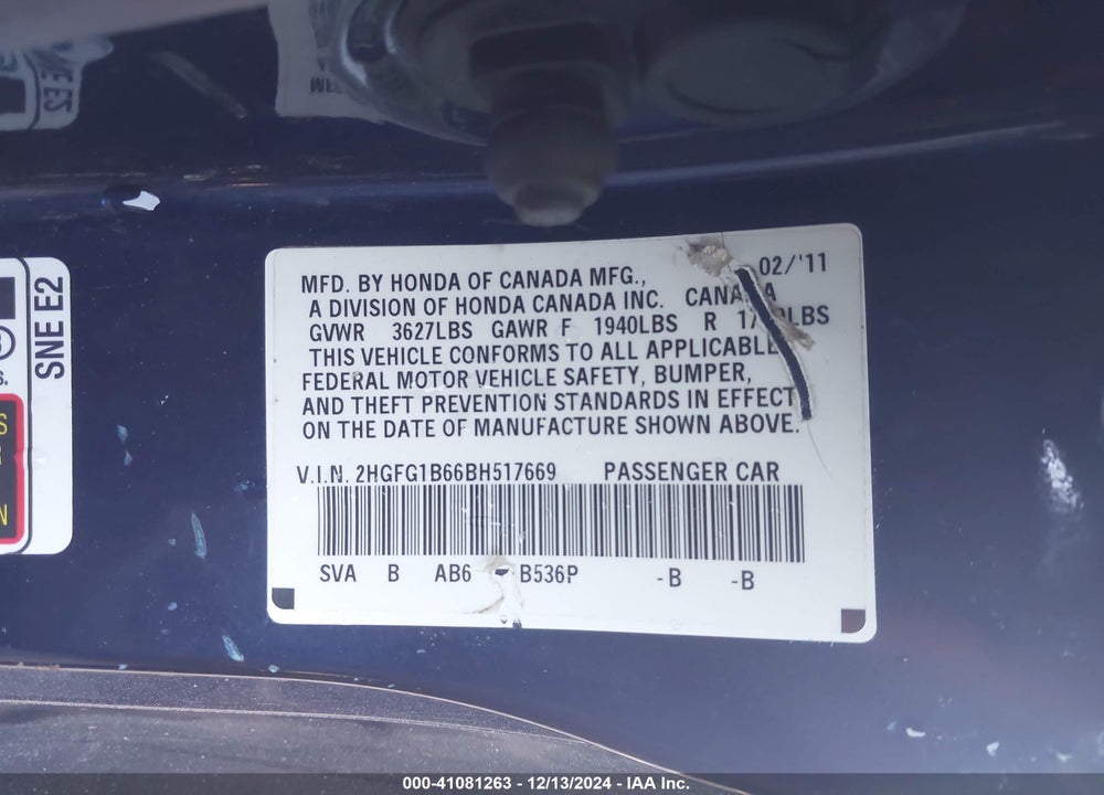 2011 HONDA CIVIC LX VIN: 2HGFG1B66BH517669