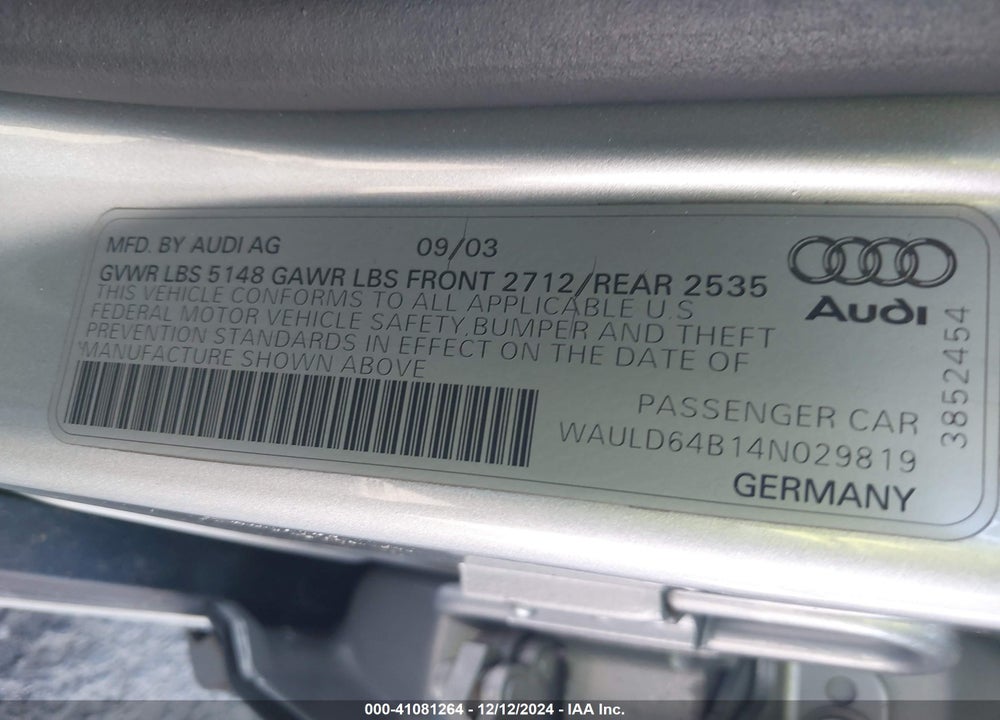 2004 AUDI A6 2.7T VIN: WAULD64B14N029819