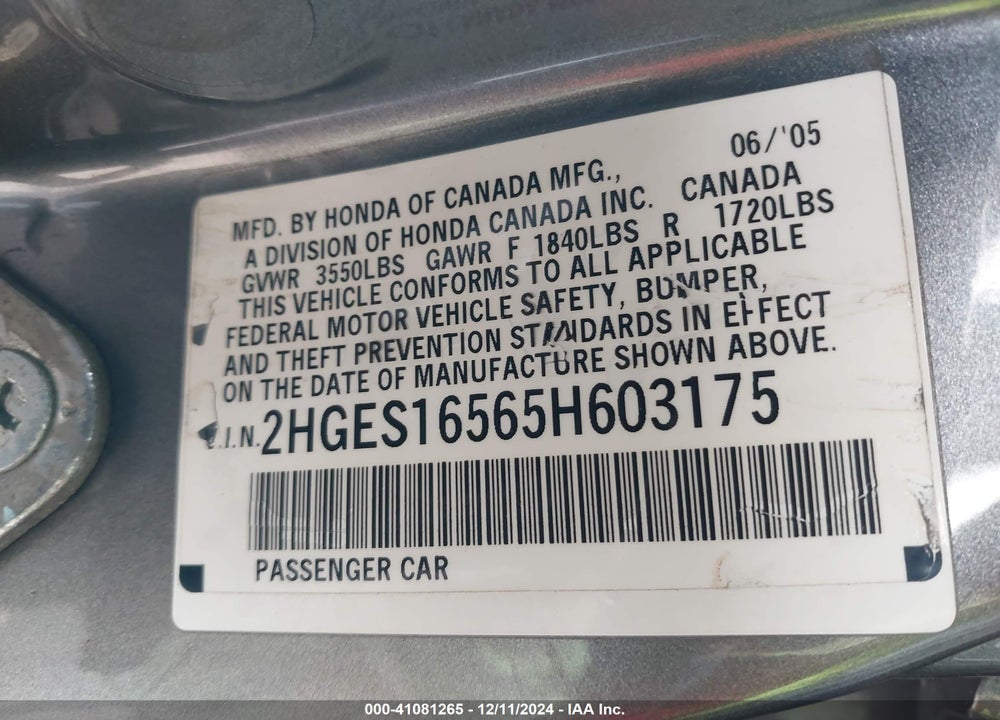 2005 HONDA CIVIC LX VIN: 2HGES16565H603175