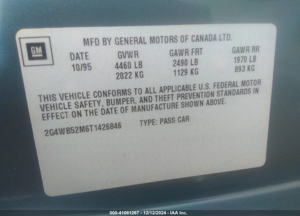 1996 BUICK REGAL CUSTOM VIN: 2G4WB52M6T1426846