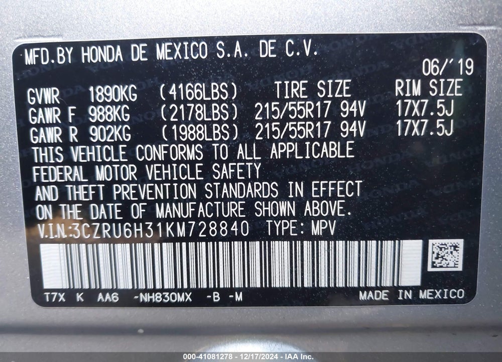 2019 HONDA HR-V LX VIN: 3CZRU6H31KM728840