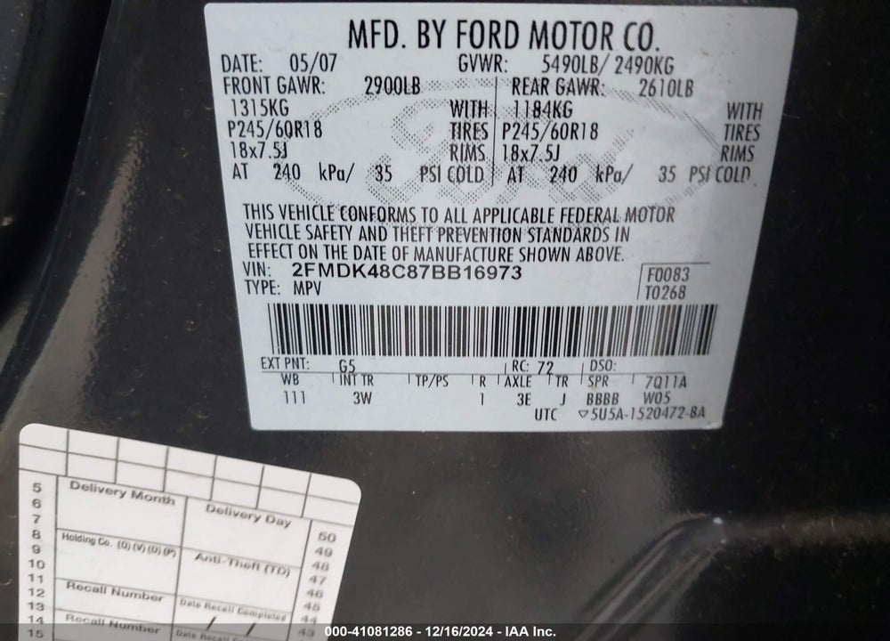 2007 FORD EDGE SEL VIN: 2FMDK48C87BB16973