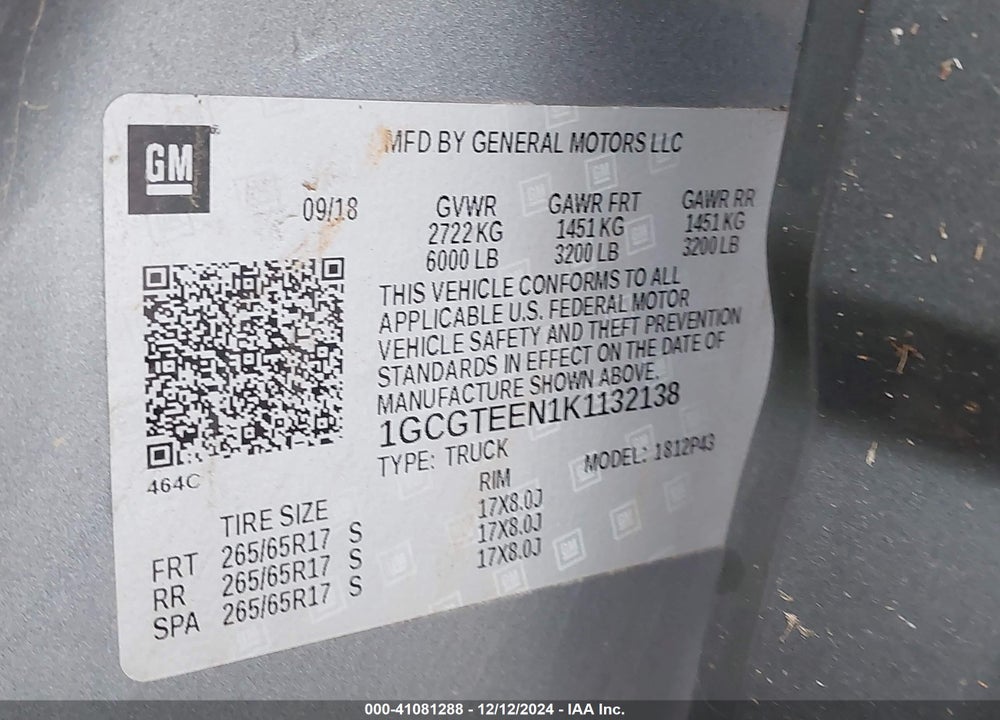 2019 CHEVROLET COLORADO ZR2 VIN: 1GCGTEEN1K1132138