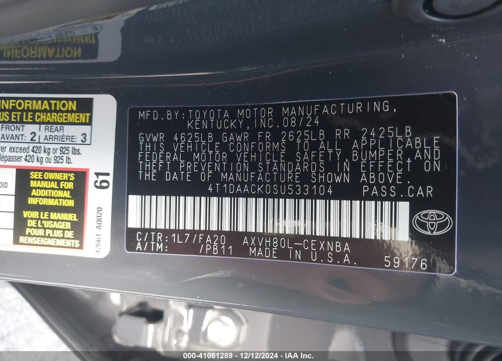 2025 TOYOTA CAMRY VIN: 4T1DAACK0SU533104