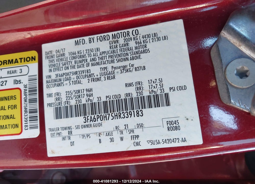 2017 FORD FUSION SE VIN: 3FA6P0H75HR339183