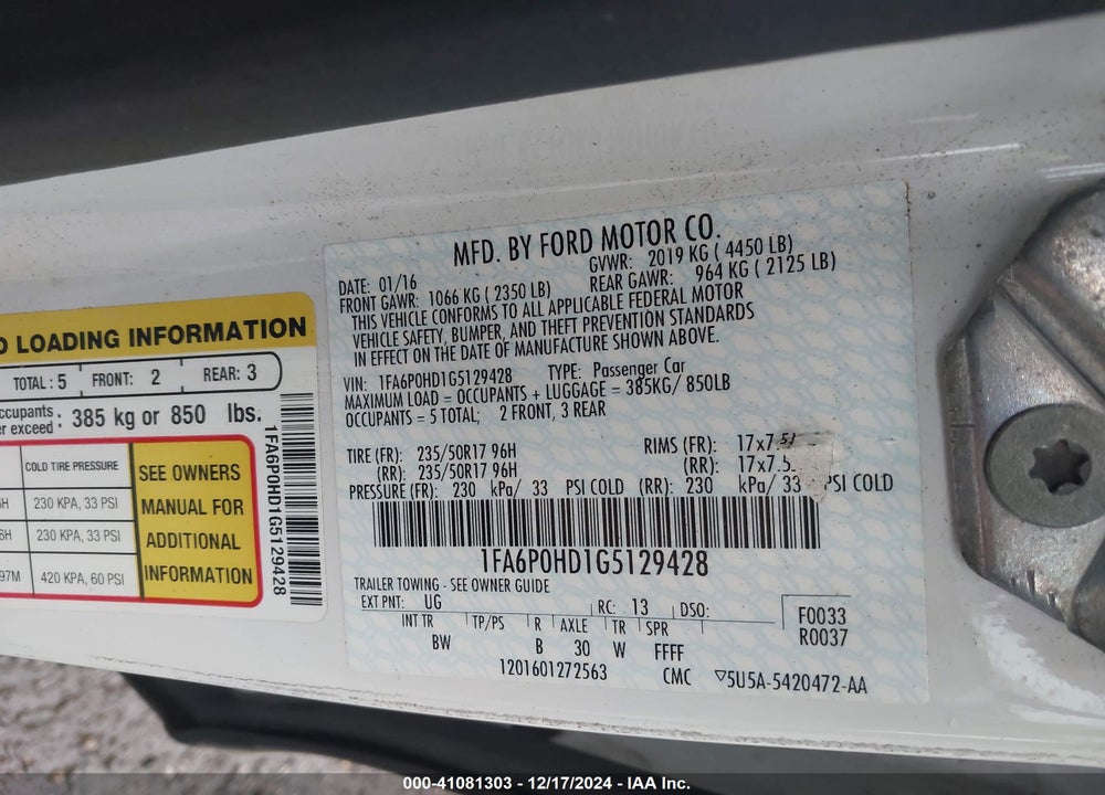 2016 FORD FUSION SE VIN: 1FA6P0HD1G5129428