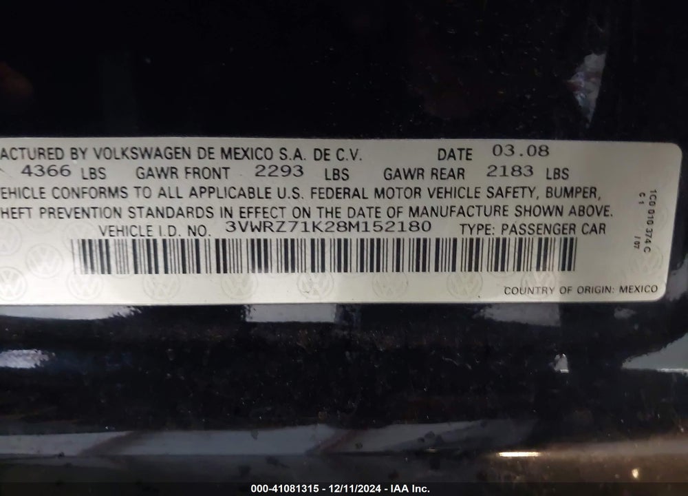 2008 VOLKSWAGEN JETTA SE VIN: 3VWRZ71K28M152180