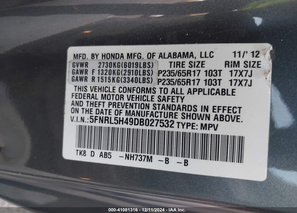 2013 HONDA ODYSSEY EX VIN: 5FNRL5H49DB027532