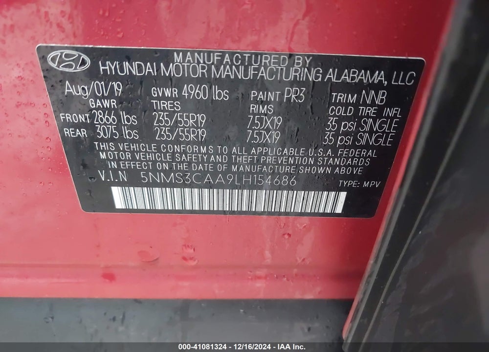 2020 HYUNDAI SANTA FE SEL 2.0T VIN: 5NMS3CAA9LH154686