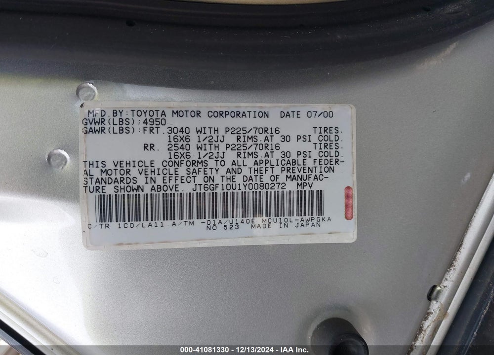 2000 LEXUS RX 300 VIN: JT6GF10U1Y0080272